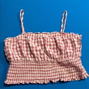 American Eagle Outfitters Pink Gingham Cropped Smocked Top